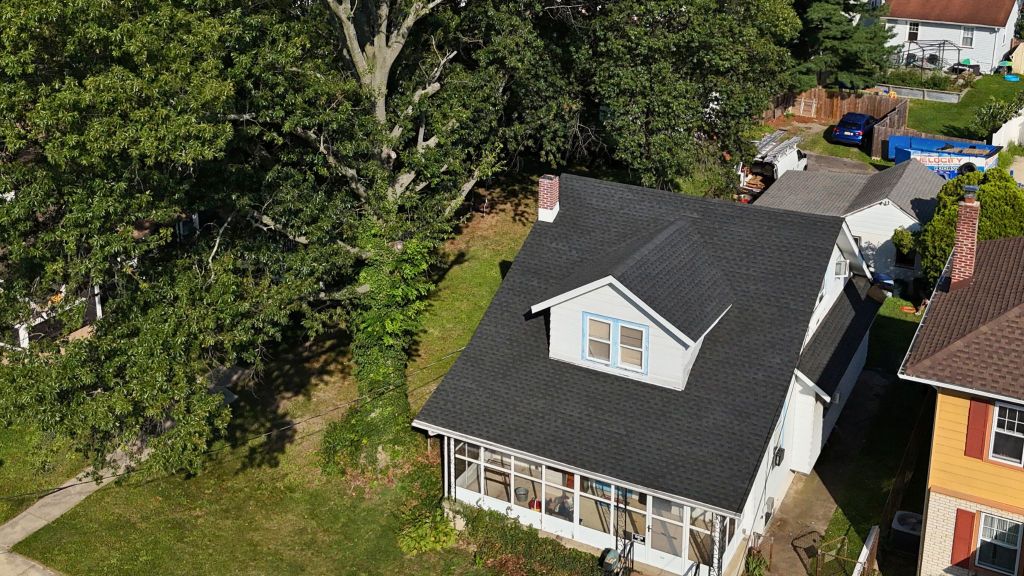 Aerial view of completed dark shingle roof on South Jersey home