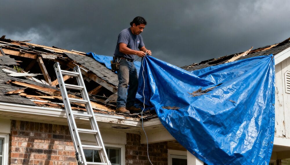 Roofer securing emergency tarp over storm damaged roof